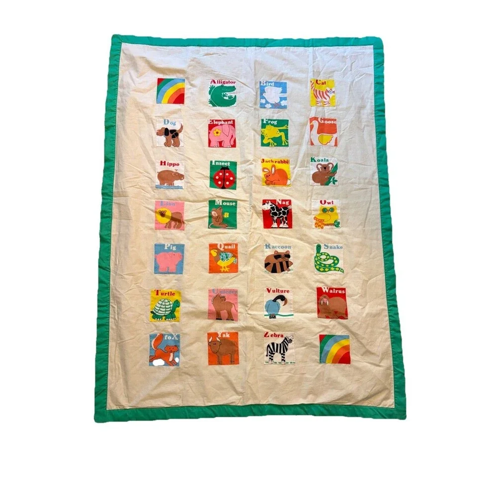 Vintage ABC Animal Patchwork Green Border Baby Quilt 45x33in